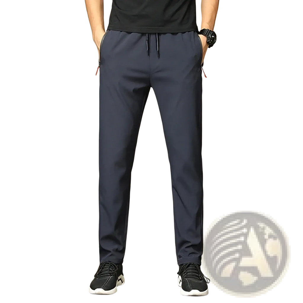 Men casual trousers lightweight navy slim fit pants in dark navy with drawstring waist and red zipper pulls on side pockets
