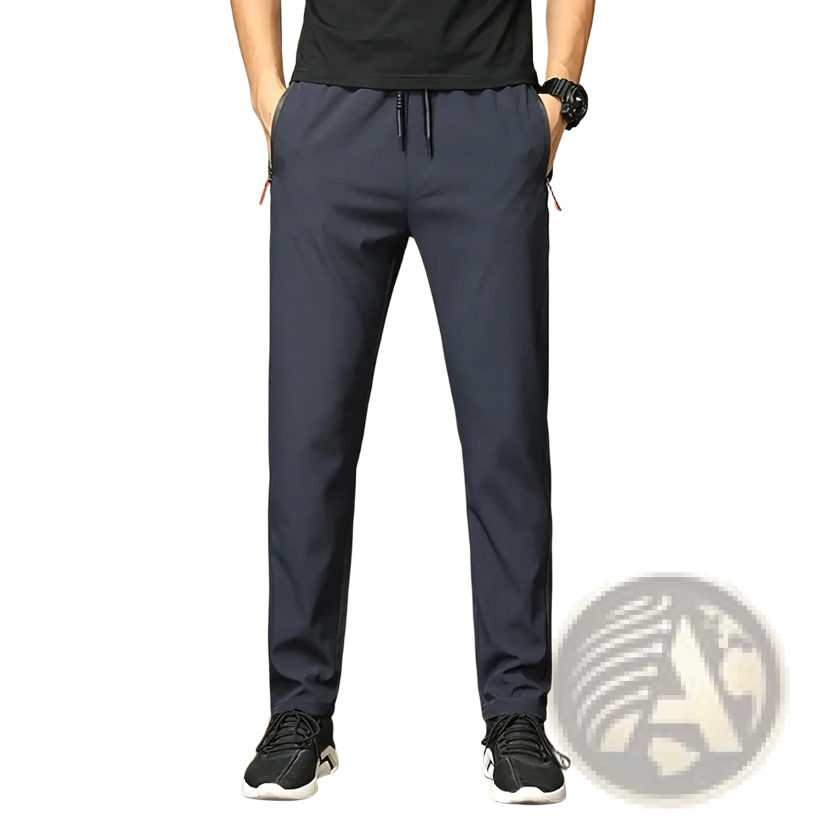 Men casual trousers lightweight navy slim fit pants in dark navy with drawstring waist and red zipper pulls on side pockets