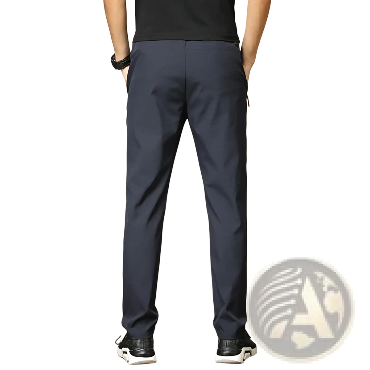 Dark navy blue slim fit men casual trousers made of smooth lightweight fabric with subtle side pockets and modern design