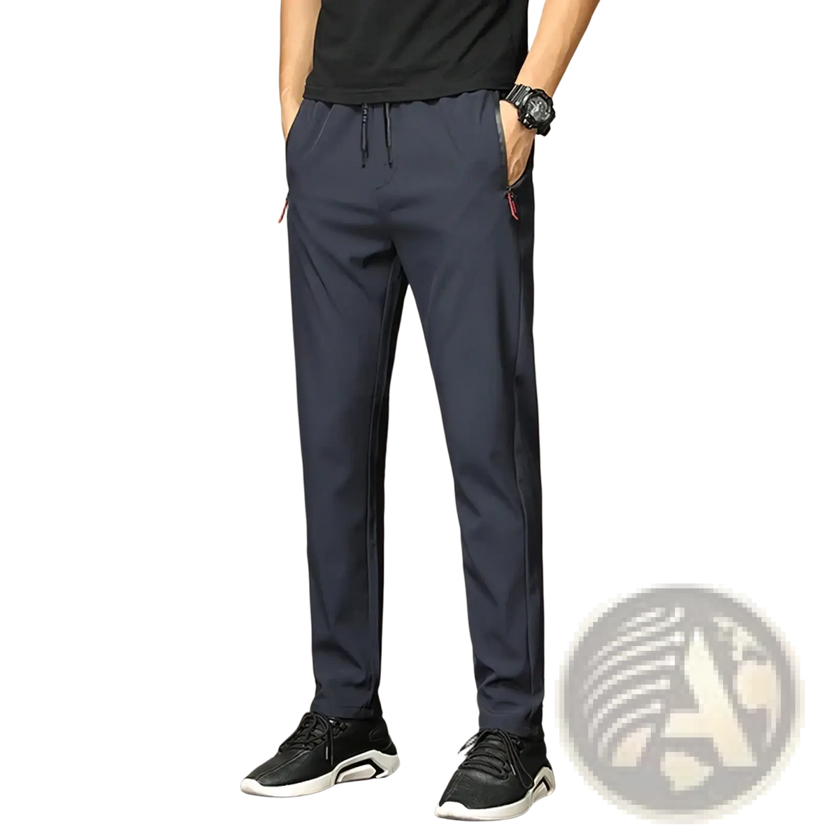 Men casual trousers lightweight navy slim fit pants with dark navy blue fabric subtle side stripes and red zipper pulls