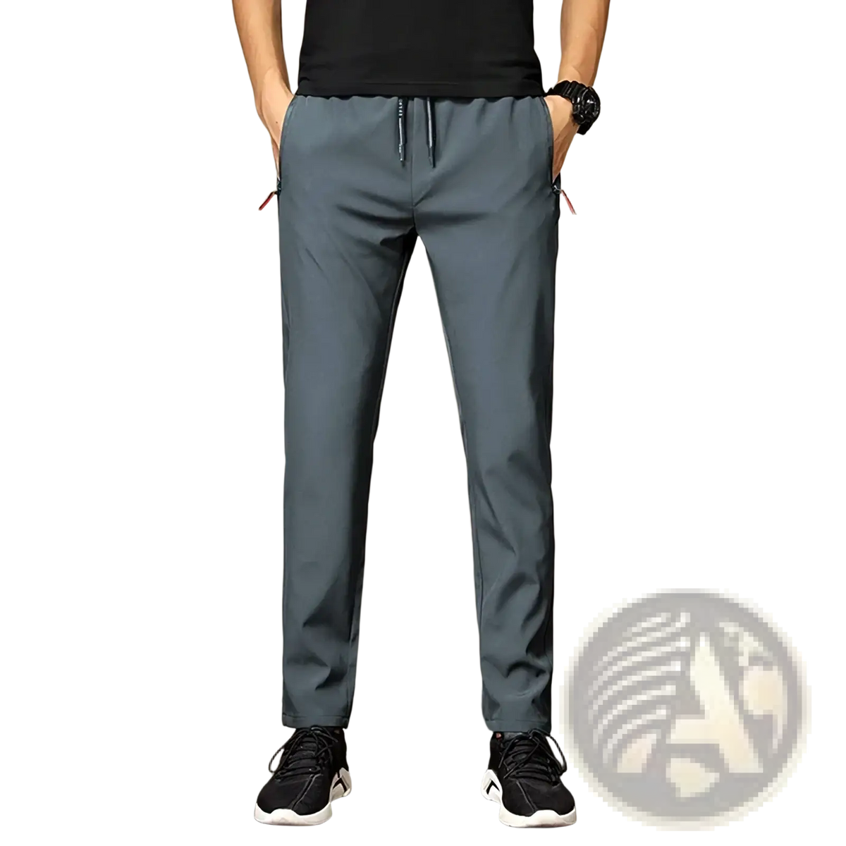Dark gray slim-fit lightweight athletic pants with drawstring waist and red zipper pulls on side pockets for men casual wear