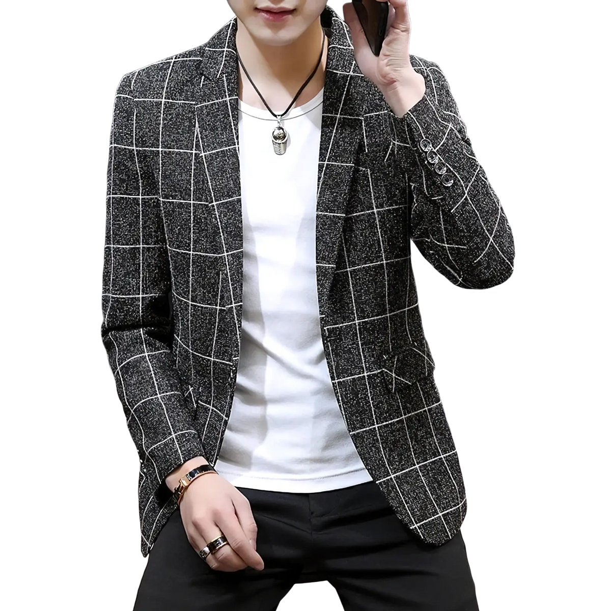 Men casual tweed suit jacket in black and white checkered pattern with textured fabric finish