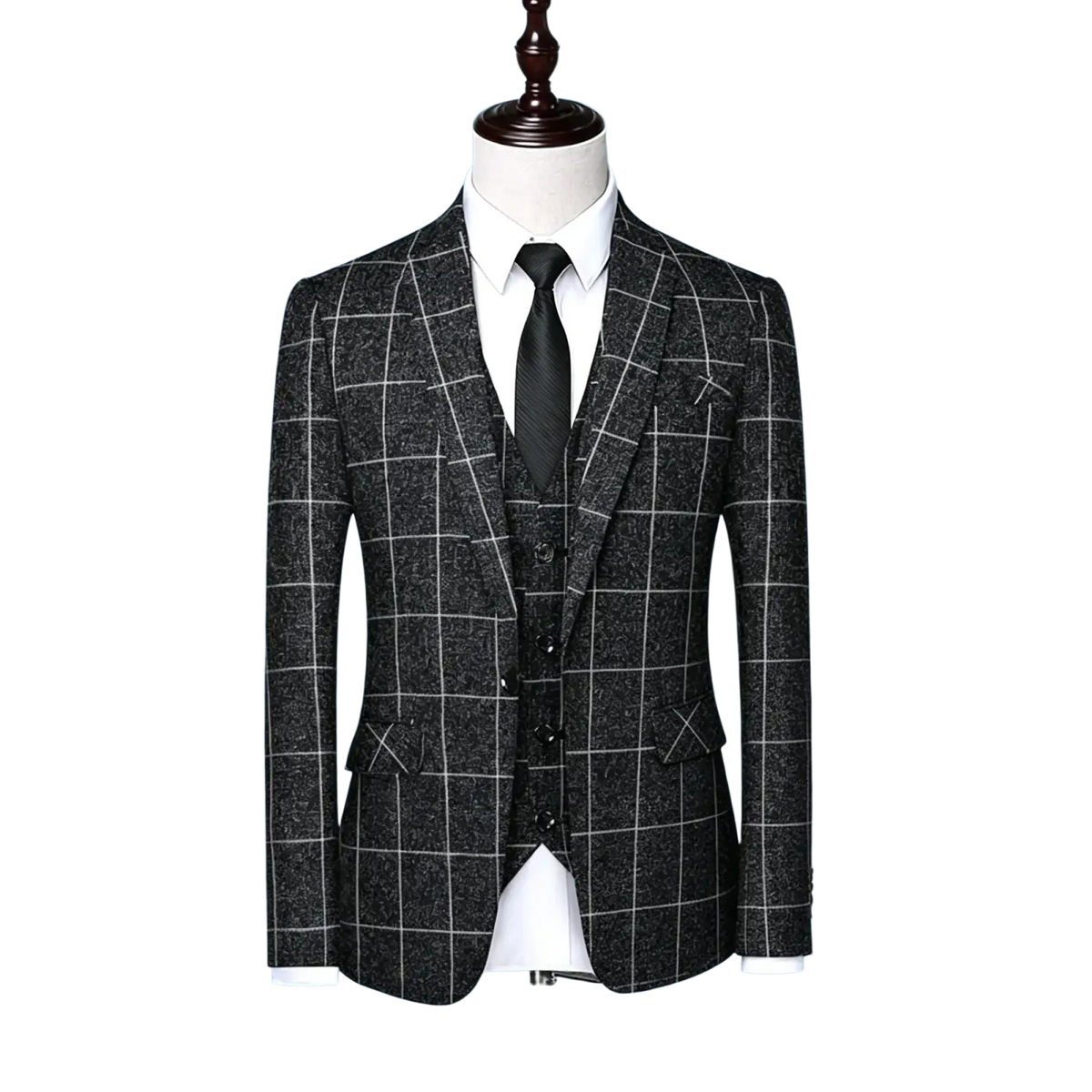Black and white checkered wool three-piece suit displayed on a mannequin for men casual tweed suit jacket use