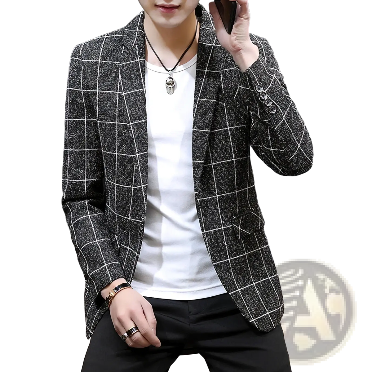 Men casual tweed suit jacket in black and white checkered pattern with textured fabric finish