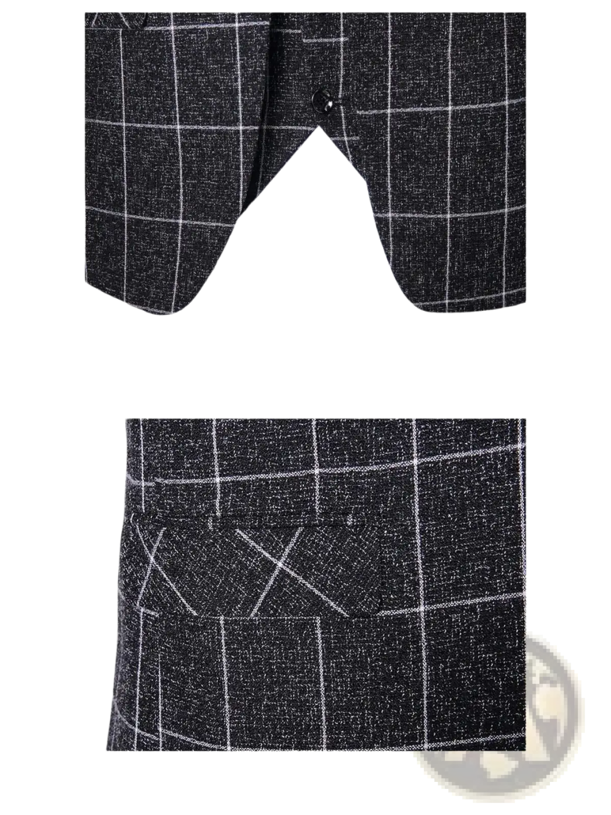 Men casual tweed suit jacket in black and white checkered wool with a crisp white shirt collar visible