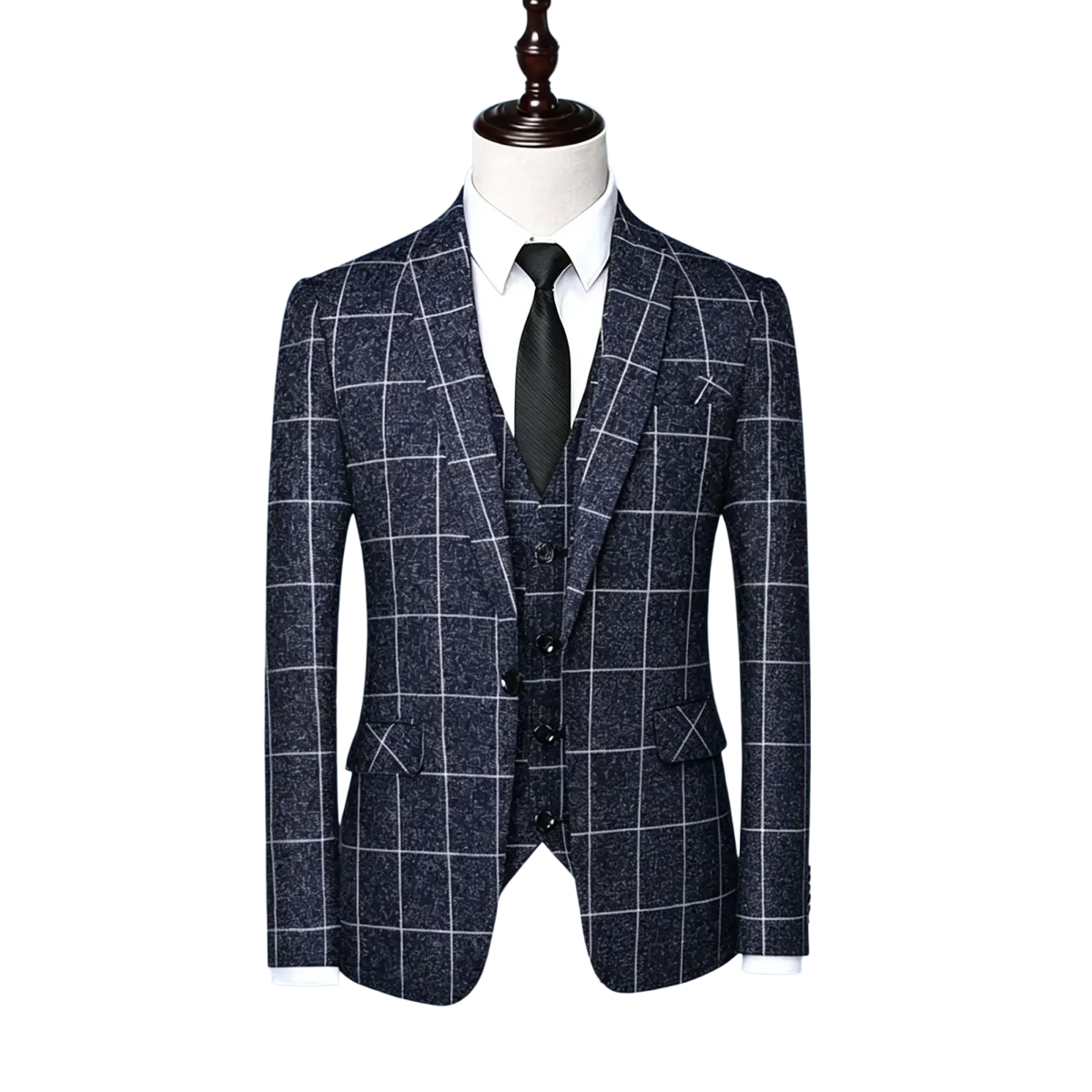 Men casual tweed suit jacket in dark blue plaid with white grid pattern and black buttons for stylish wear