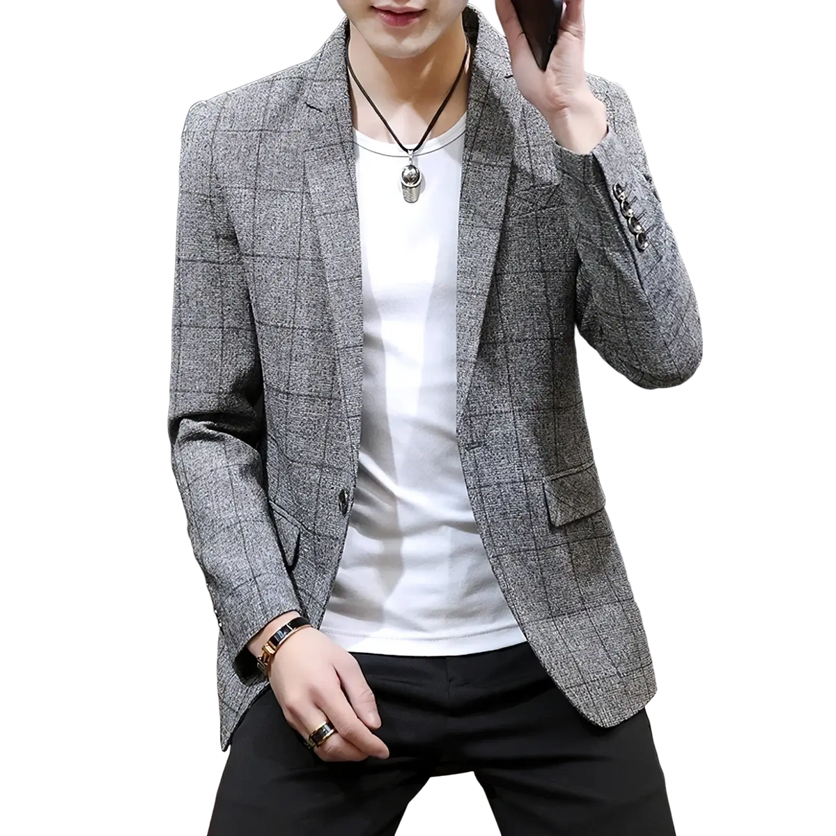 Gray plaid men casual tweed suit jacket with textured fabric and notched lapels designed for stylish wear