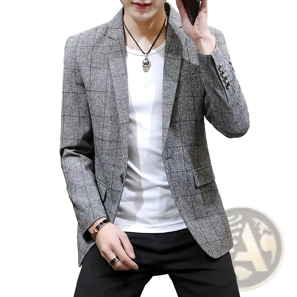 Gray plaid men casual tweed suit jacket with textured fabric and notched lapels designed for stylish wear