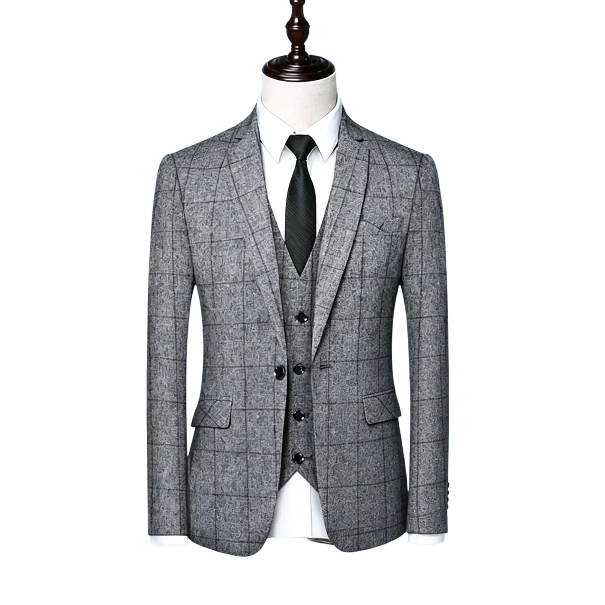 Men casual tweed suit jacket in gray plaid wool with black buttons and matching vest for formal and casual wear