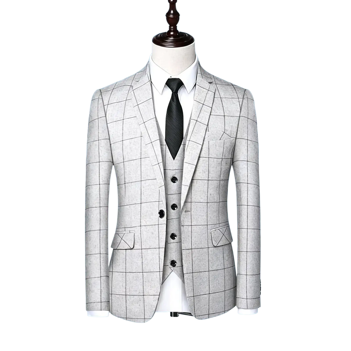 Men casual tweed suit jacket in light gray with a subtle checkered pattern black buttons and matching vest