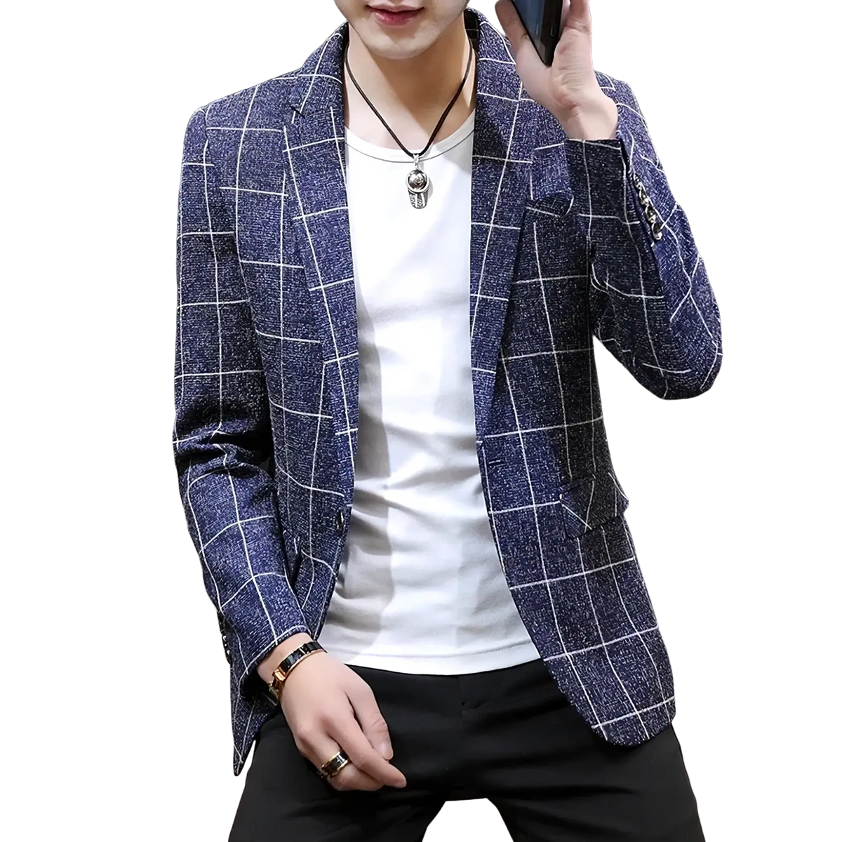 Men casual tweed suit jacket in navy blue with white grid pattern and textured fabric for refined casual wear