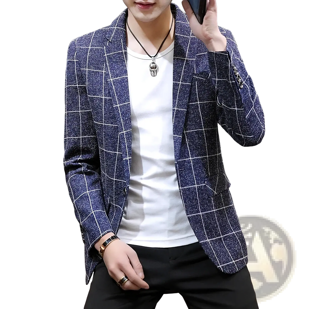Men casual tweed suit jacket in navy blue with white grid pattern and textured fabric for refined casual wear