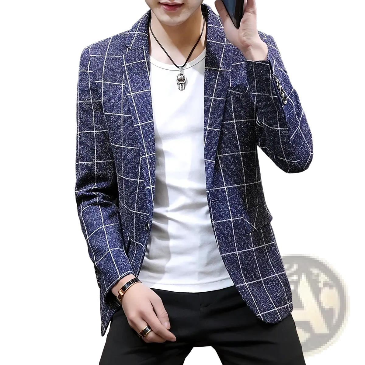 Men casual tweed suit jacket in navy blue with white grid pattern and textured fabric for refined casual wear
