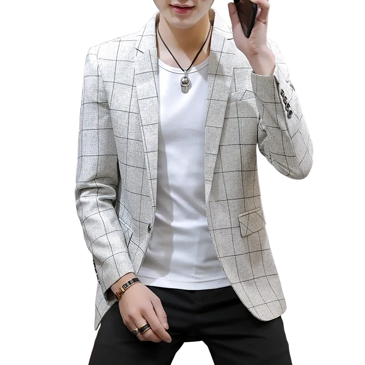 Men casual tweed suit jacket in light gray and black checkered pattern with subtle texture and classic design details