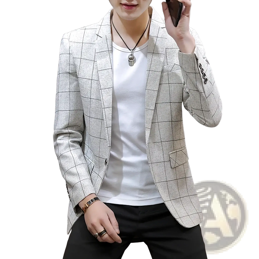 Men casual tweed suit jacket in light gray and black checkered pattern with subtle texture and classic design details