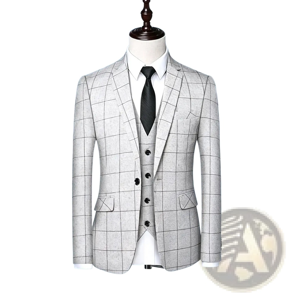 Men casual tweed suit jacket in light gray with a subtle checkered pattern black buttons and matching vest