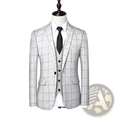 Men casual tweed suit jacket in light gray with a subtle checkered pattern black buttons and matching vest