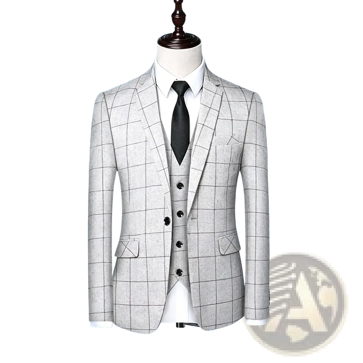 Men casual tweed suit jacket in light gray with a subtle checkered pattern black buttons and matching vest