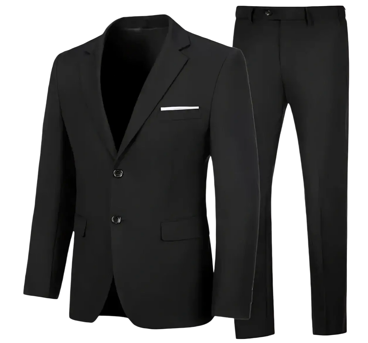 Black men casual two piece suit slim fit blazer with three buttons and white pocket square paired with matching trousers
