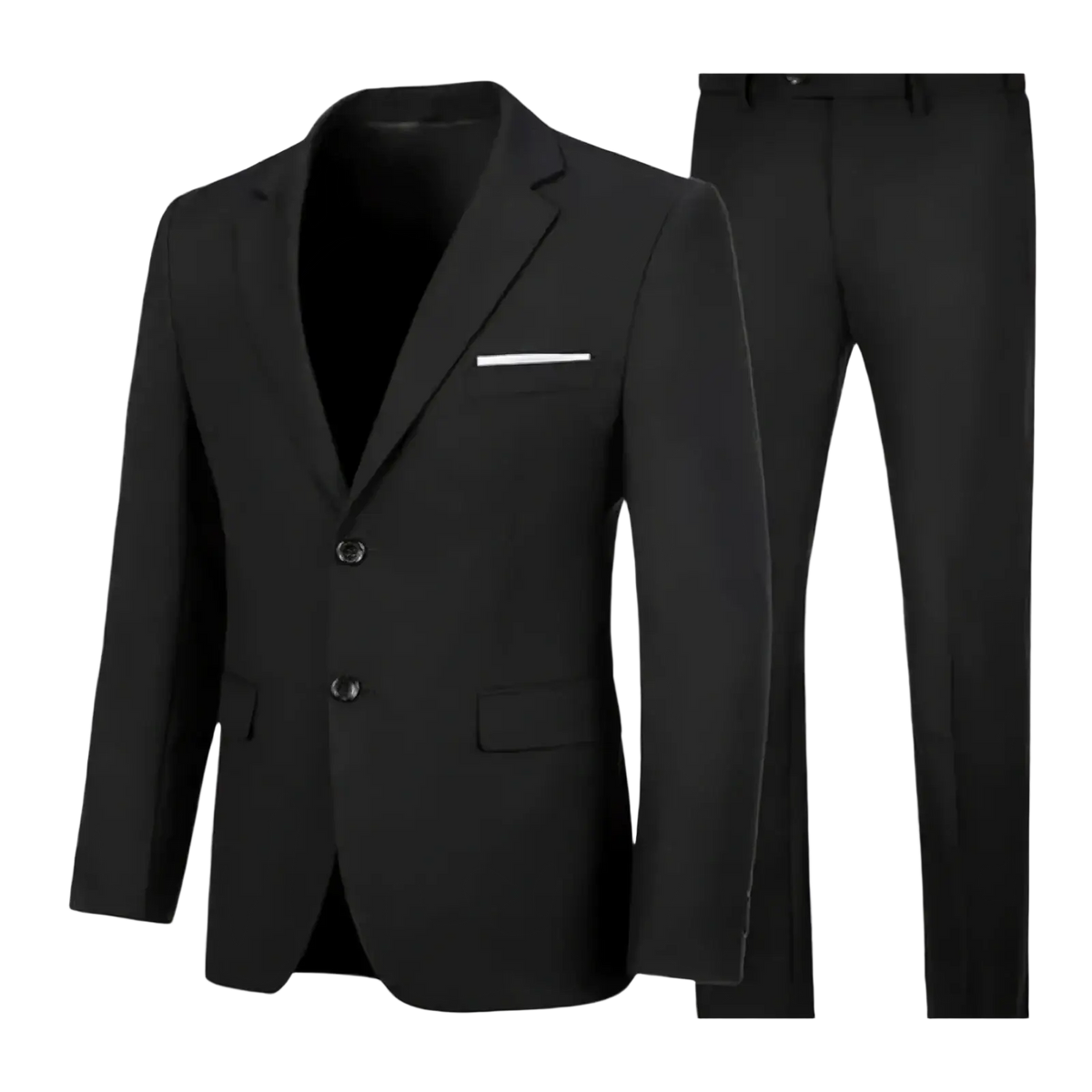 Men casual two piece suit slim fit black blazer and trousers with a tailored fit and subtle white pocket square