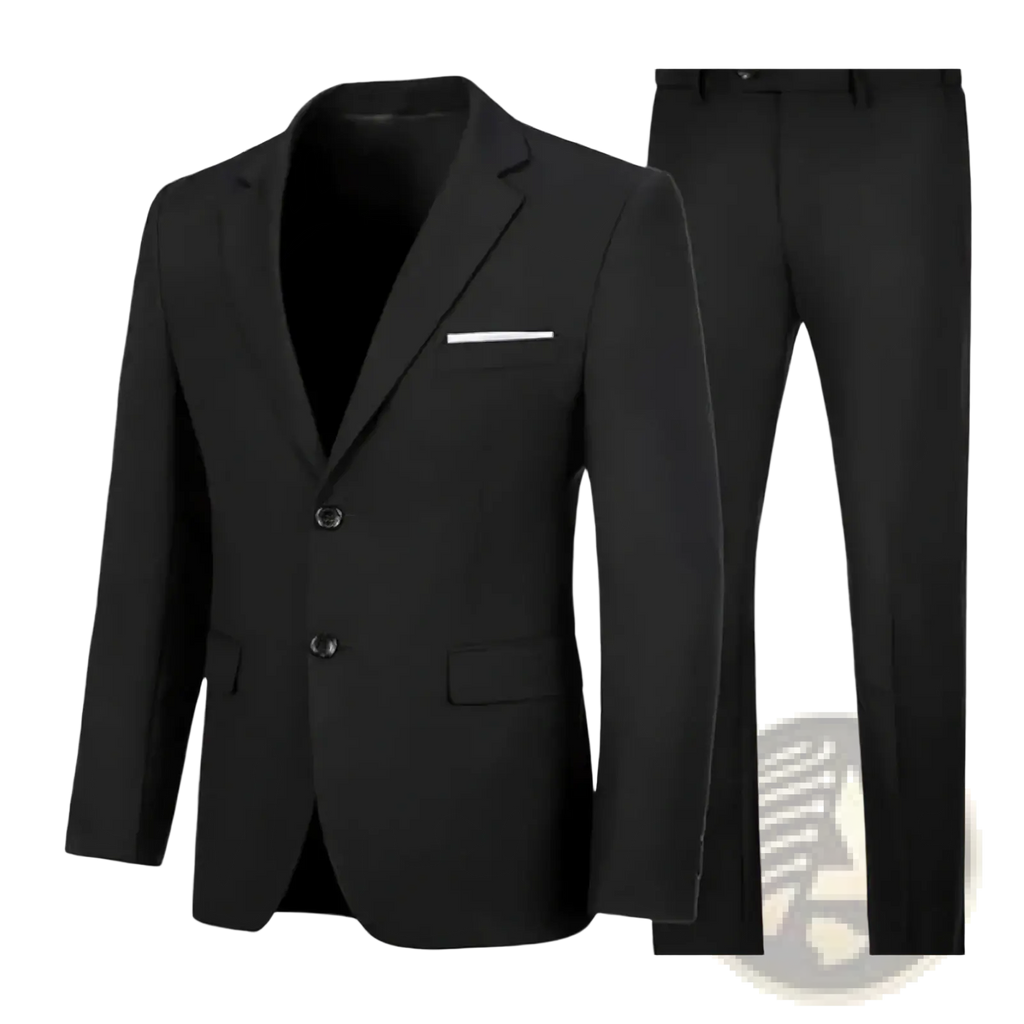 Men casual two piece suit slim fit black blazer and trousers with a tailored fit and subtle white pocket square