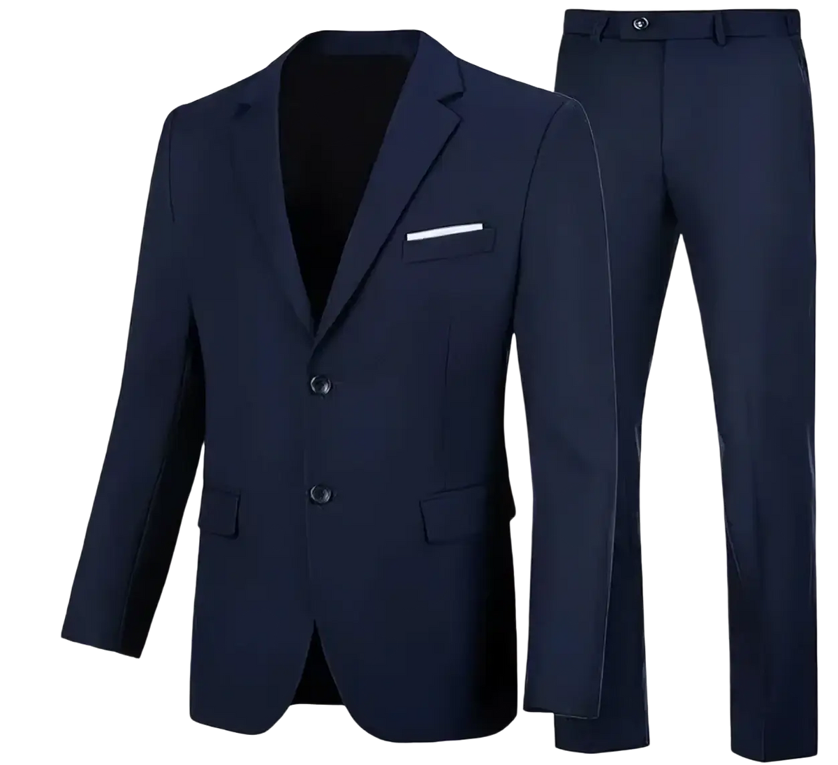 Navy blue slim fit men casual two piece suit with subtle texture blazer and trousers featuring white pocket square