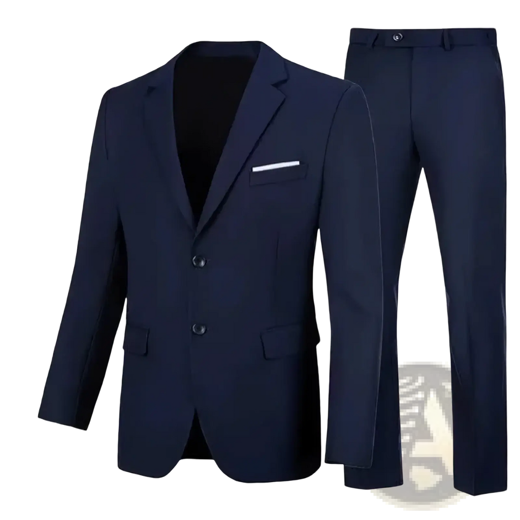 Navy blue men casual two piece suit slim fit blazer and trousers with subtle stitching and white pocket square