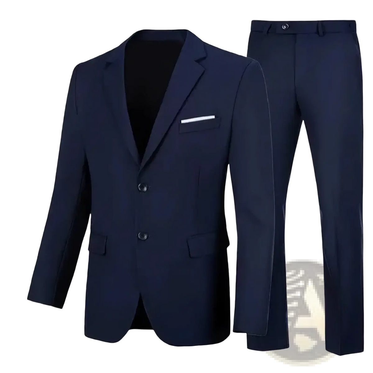 Navy blue men casual two piece suit slim fit blazer and trousers with subtle stitching and white pocket square