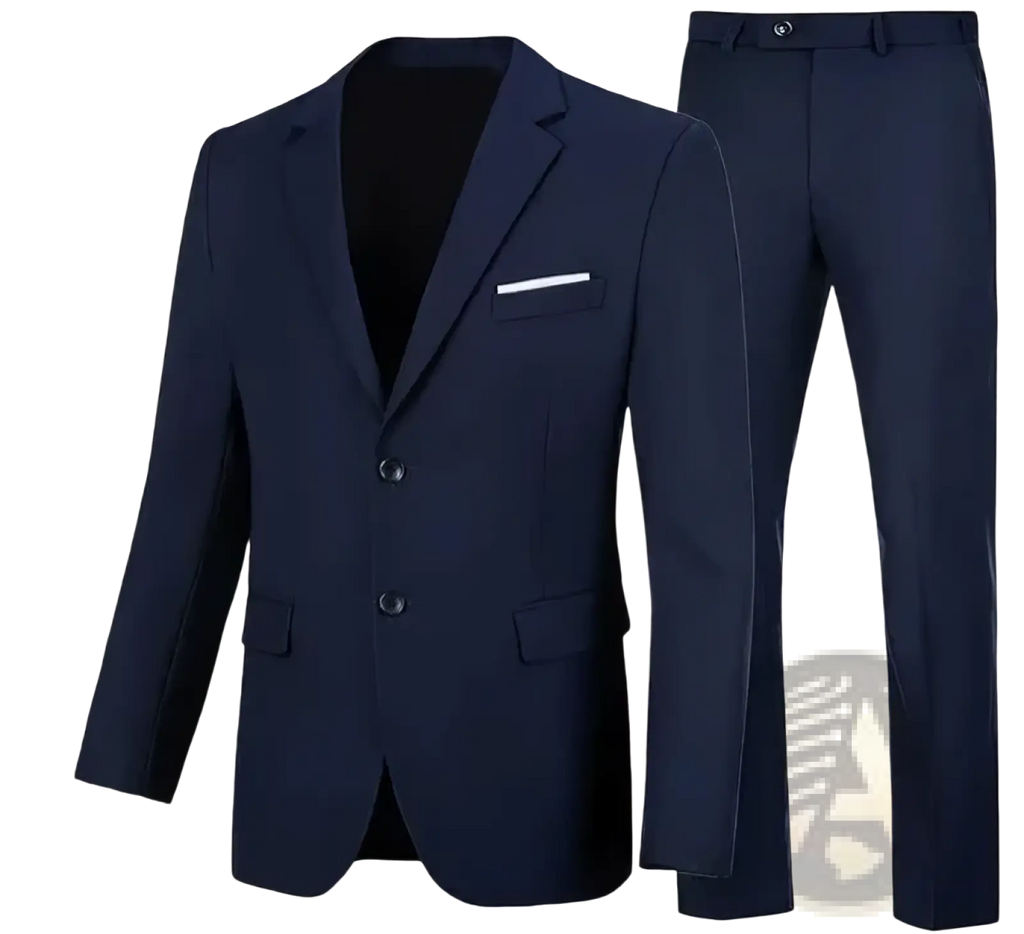 Navy blue slim fit men casual two piece suit with subtle texture blazer and trousers featuring white pocket square