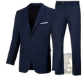 Navy blue slim fit men casual two piece suit with subtle texture blazer and trousers featuring white pocket square