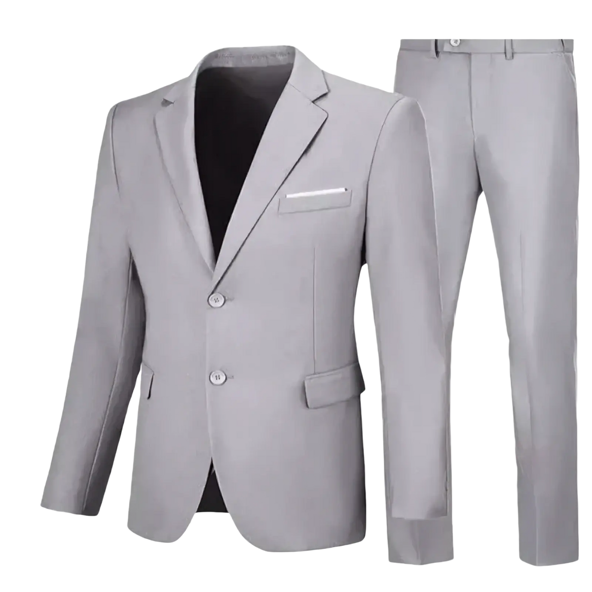A sleek light gray men casual two piece suit slim fit blazer and trousers with tailored design