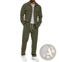 Men casual waffle long sleeve suit featuring an olive green utility jacket with two chest pockets and button closure