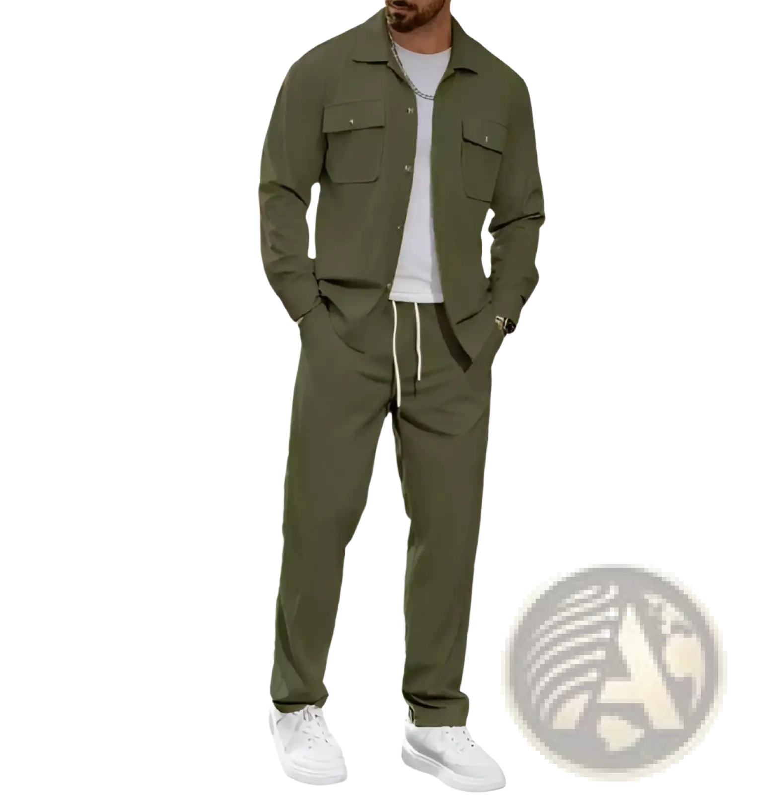 Men casual waffle long sleeve suit featuring an olive green utility jacket with two chest pockets and button closure