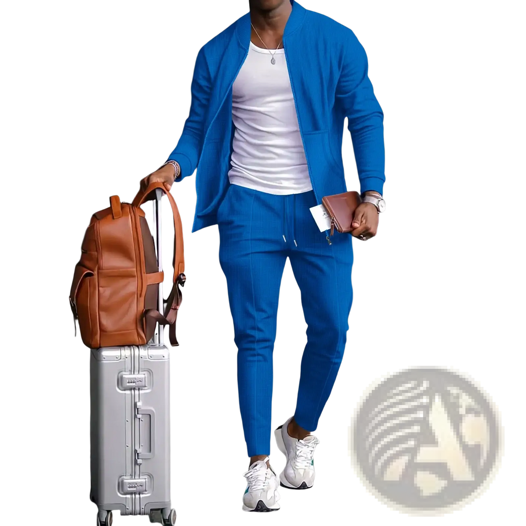 A sleek silver aluminum suitcase with retractable handle and locking latches featured with men casual waffle sports set