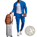 A sleek silver aluminum suitcase with retractable handle and locking latches featured with men casual waffle sports set