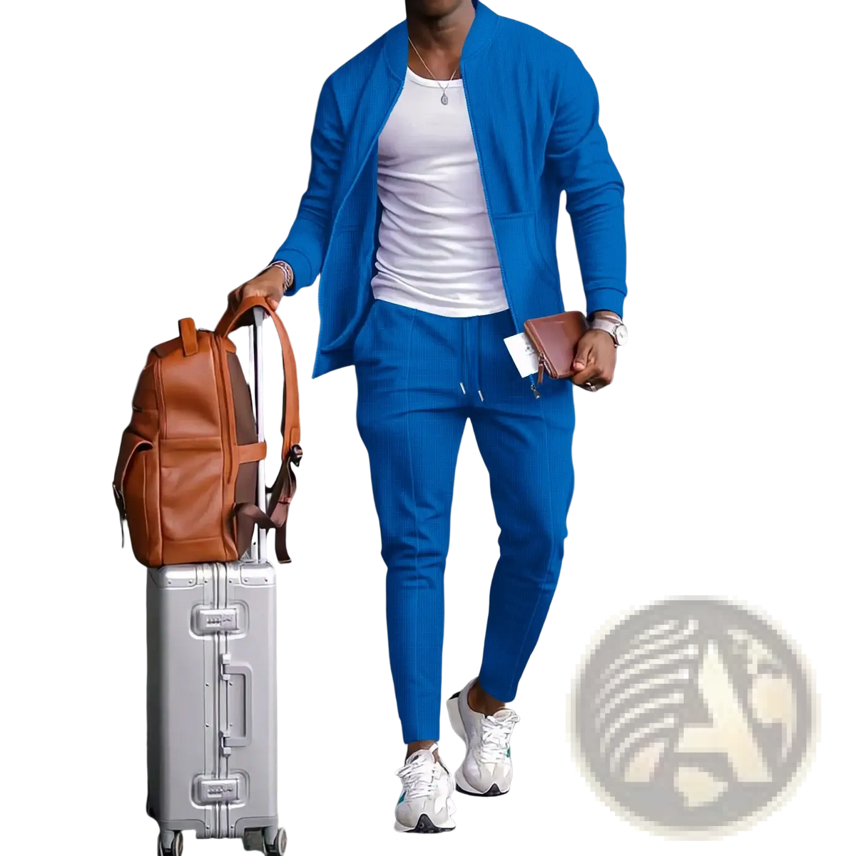 A sleek silver aluminum suitcase with retractable handle and locking latches featured with men casual waffle sports set