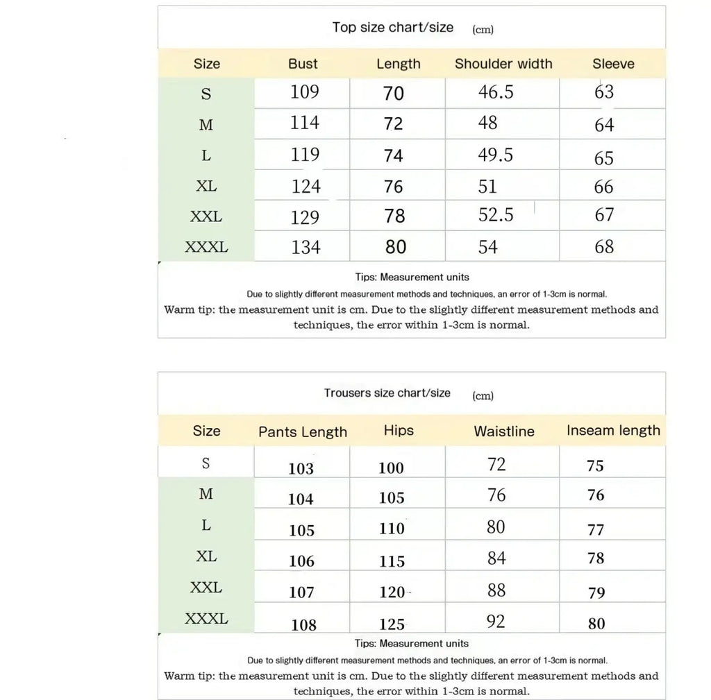 Men casual waffle sports set size chart in centimeters for top and trousers from s to xxxl with key measurements
