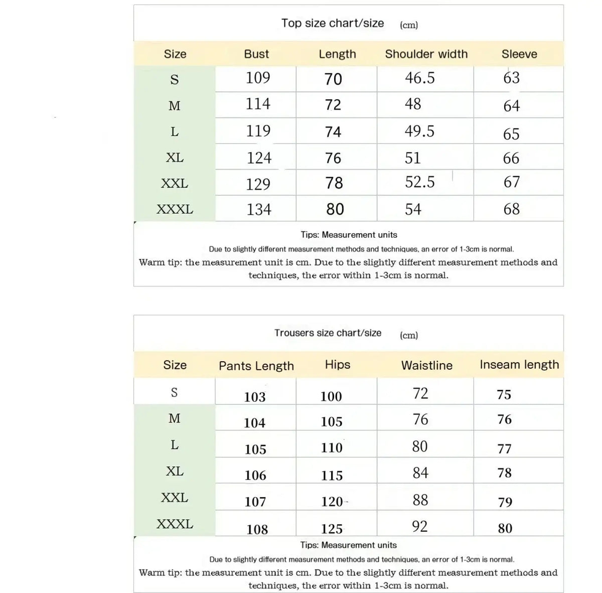 Men casual waffle sports set size chart in centimeters for top and trousers from s to xxxl with key measurements