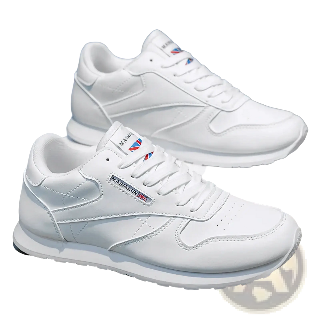Men casual white leather sneakers with classic design, subtle stitching, and a small flag logo on the side