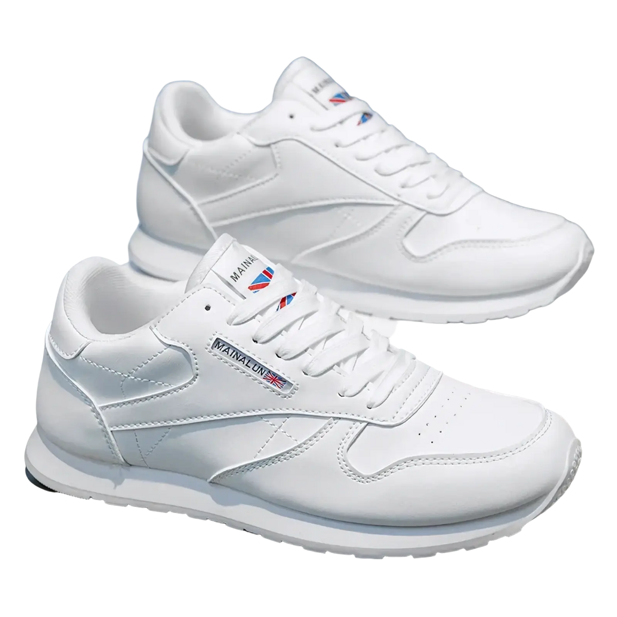 Men casual white leather sneakers with classic design, subtle stitching, and a small flag logo on the side