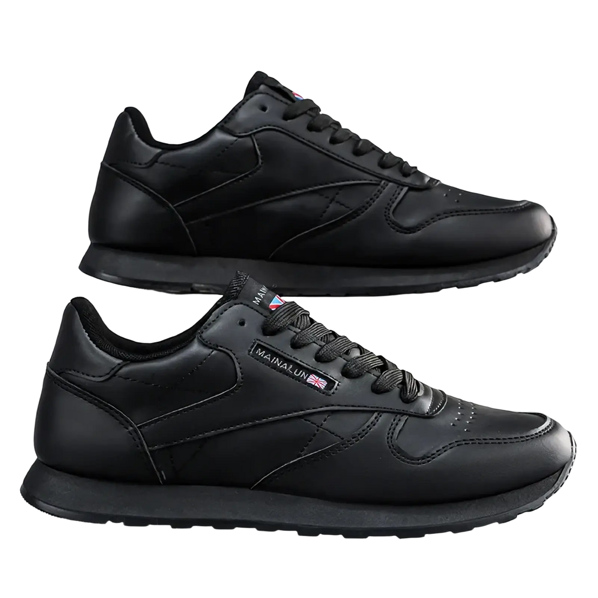 Black leather men casual sneakers with a sleek minimalist design and subtle side branding for sports use