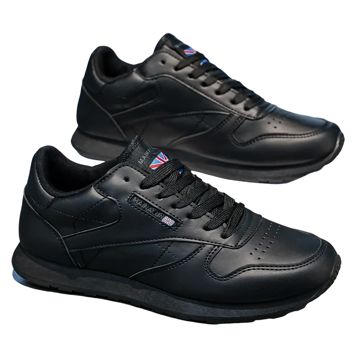 Men casual white leather sneakers featuring black leather accents, classic design, subtle stitching, and union jack patches