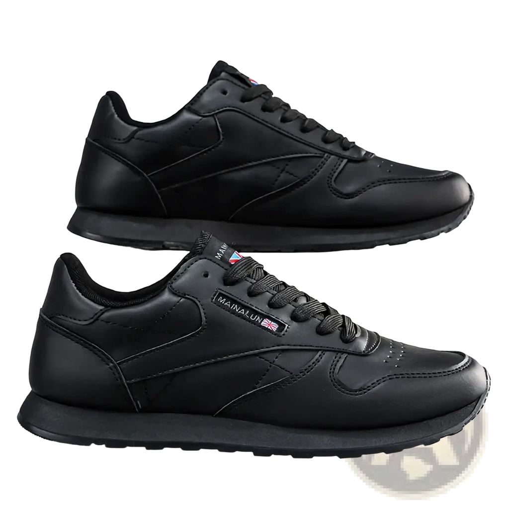 Black leather men casual sneakers with a sleek minimalist design and subtle side branding for sports use