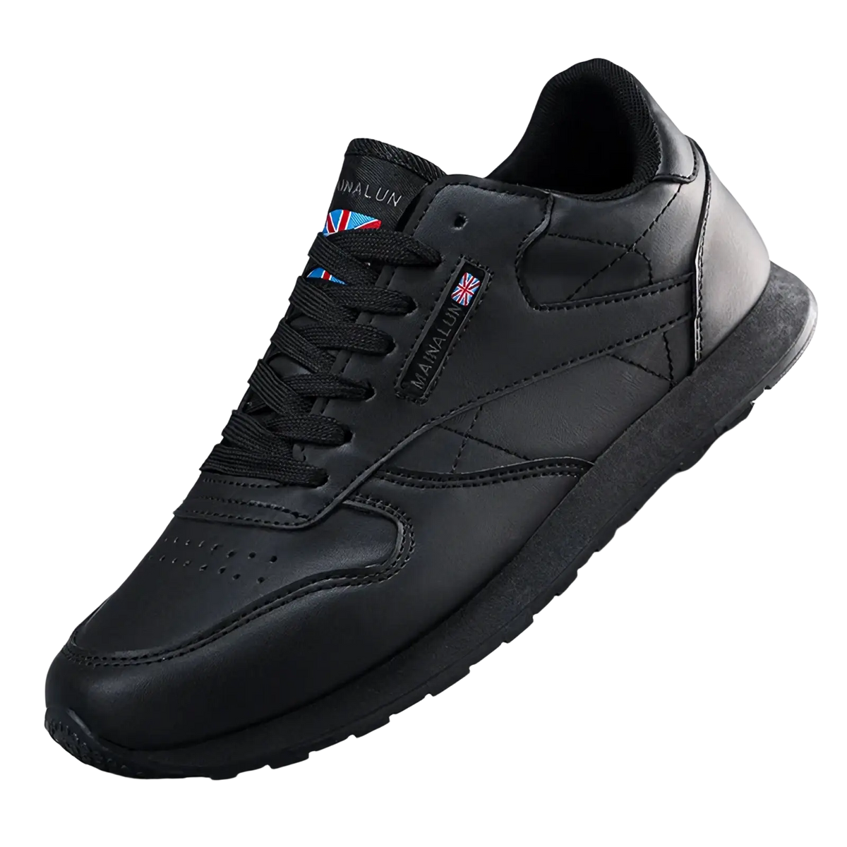 Men casual white leather sneakers featuring black leather sneaker with subtle stitching and union jack flag patch
