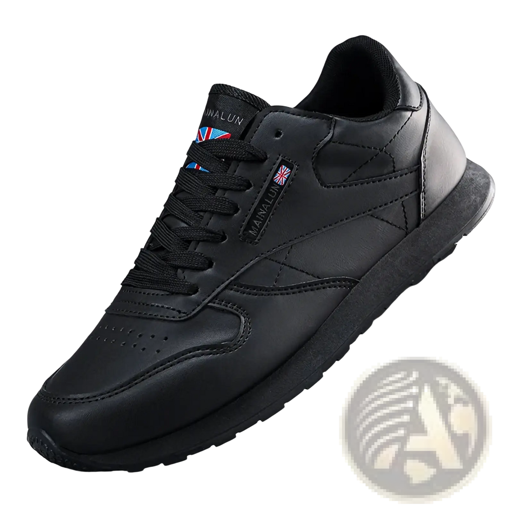 Men casual white leather sneakers featuring black leather sneaker with subtle stitching and union jack flag patch