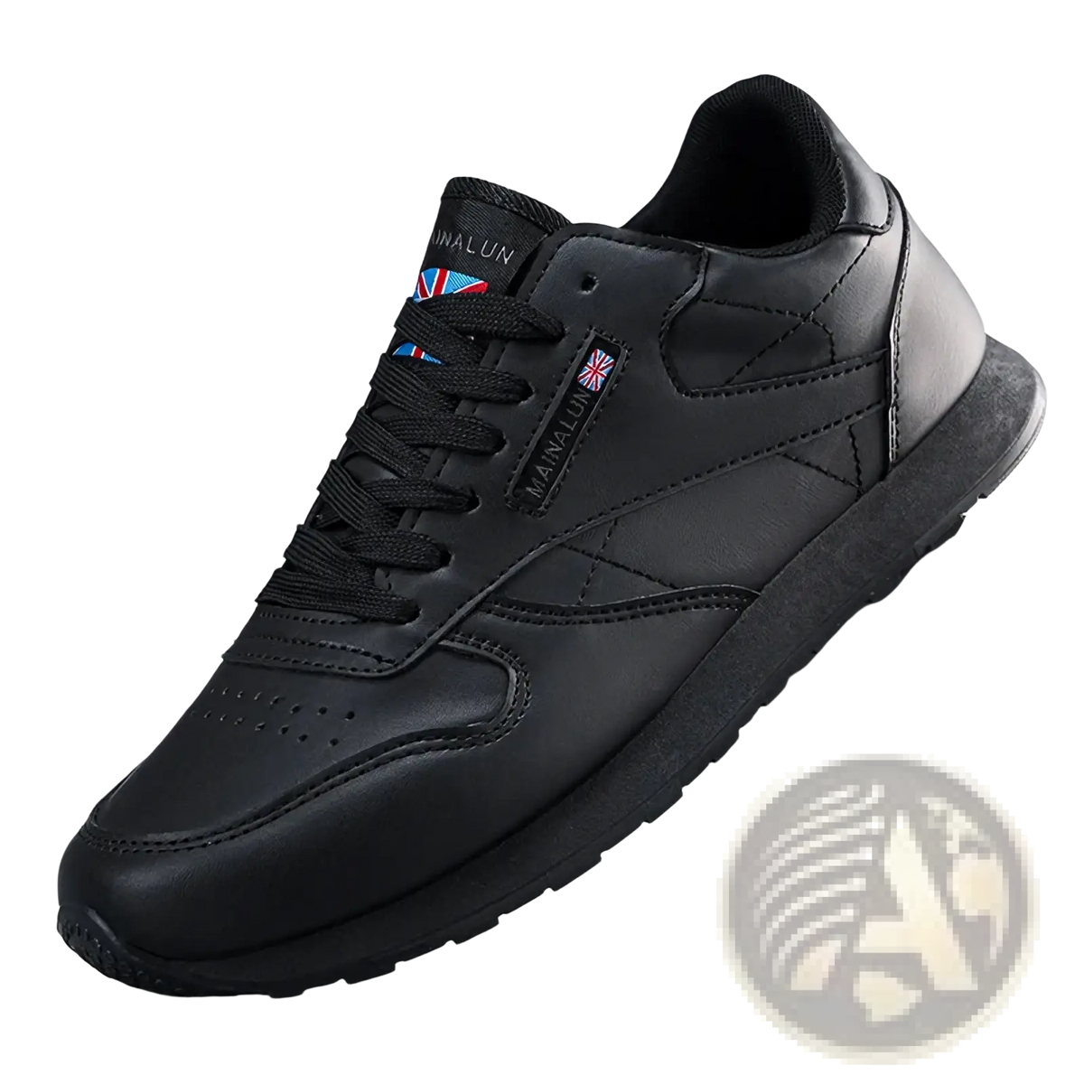 Men casual white leather sneakers featuring black leather sneaker with subtle stitching and union jack flag patch
