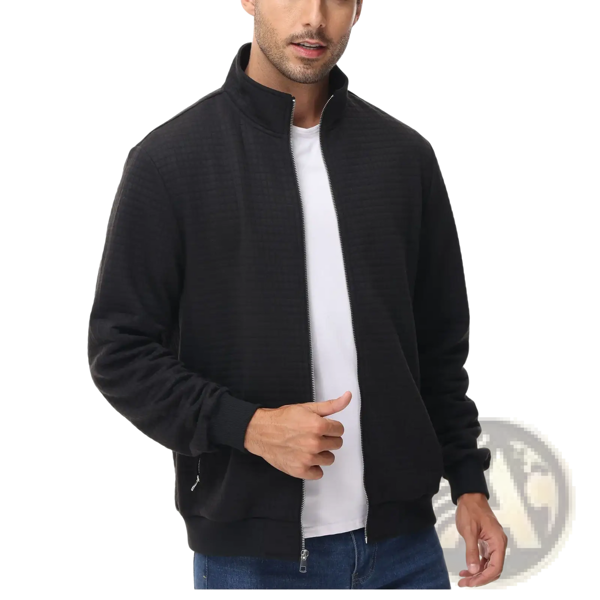 Men casual zip up jacket in black with high collar and ribbed cuffs for everyday wear
