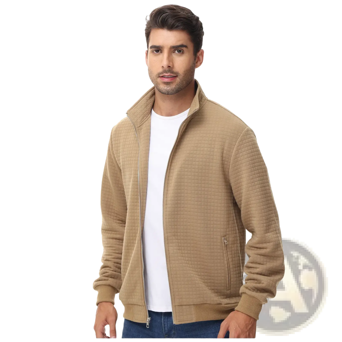 Men casual zip up jacket beige quilted bomber jacket with stand up collar and front zipper for casual wear