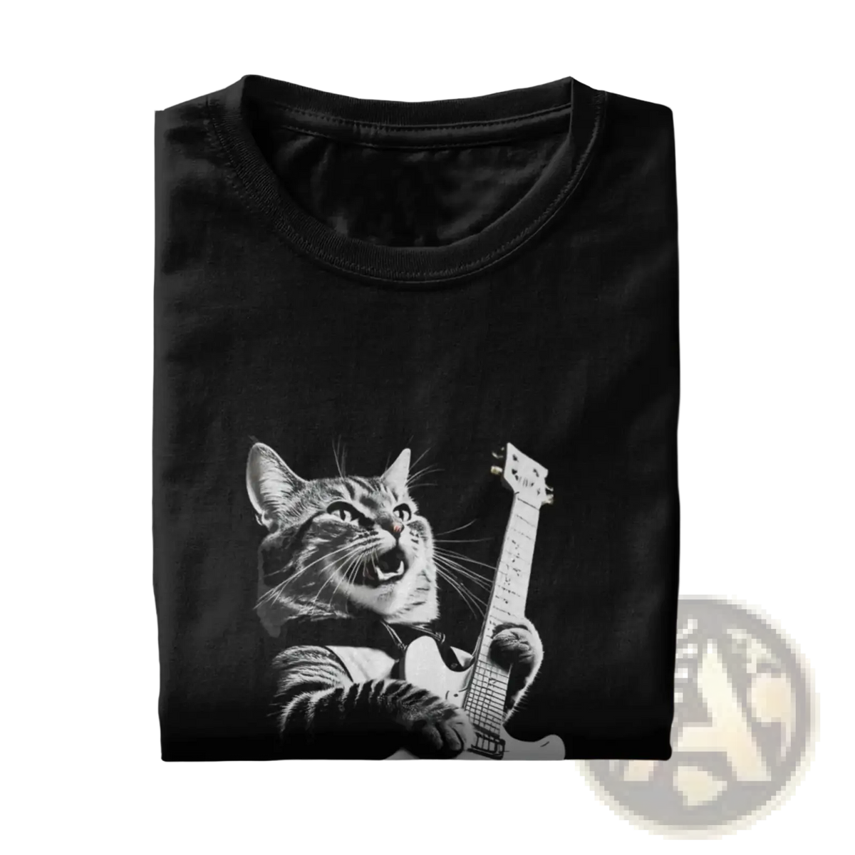 Black cotton men cat guitar t-shirt featuring a detailed black and white graphic of a cat playing electric guitar