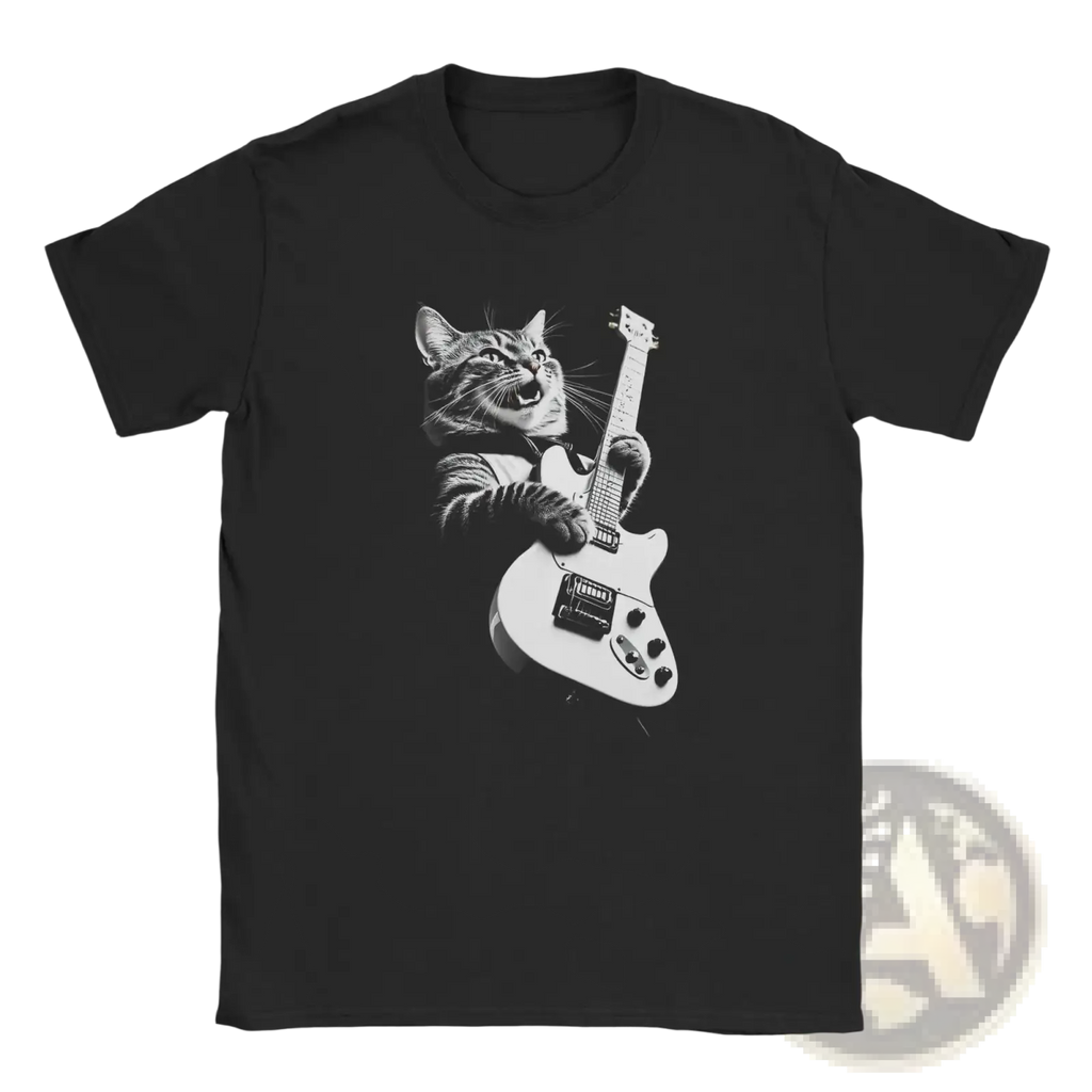 Men cat guitar cotton t-shirt in black featuring a black and white graphic of a cat playing an electric guitar